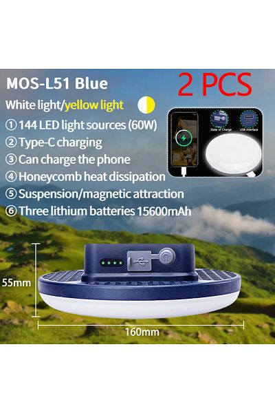 Choice MOS-L51Blue قطعتان من MOSLIGHTING مصباح تخييم قابل لإعادة الشحن للاستخدام في الهواء الطلق وصيد الأسماك ومصباح خيمة وفانوس للعمل