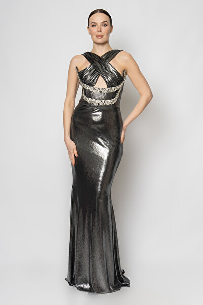 RENGIN Göğsü çapraz bantlı göğüs altı taşlı abiye elbise