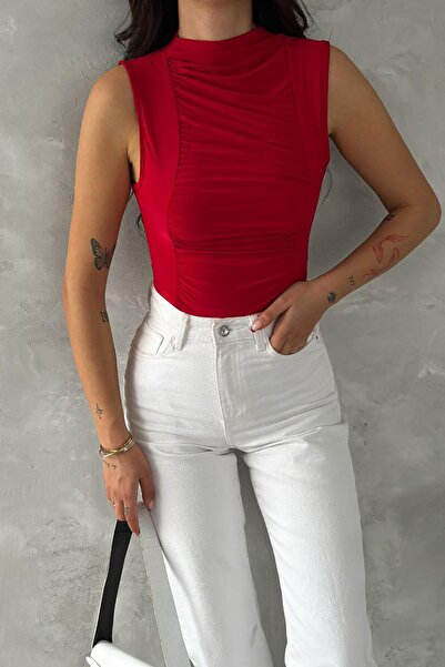 Deafox Red Zero Sleeve Sandy Fabric Blouse