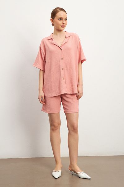 MODAGEN Women's Pink Short Sleeve Crinkle Shirt Shorts Suit