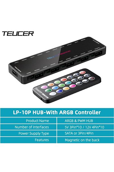 Choice محول LP-10P-CR-BK TEUCER LP-10 ARGB/PWM HUB مع وحدة تحكم ARGB 2 في 1 لمحور المروحة
