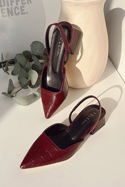 POLKA STORE Blush Crocodile Matte Leather Pointed Toe Short Block Heeled Women's Shoes