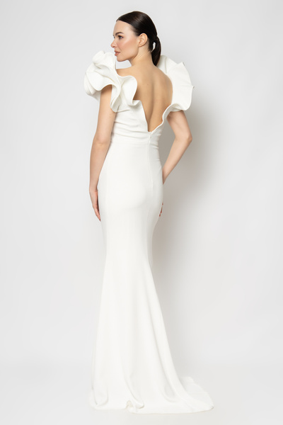 RENGIN Sırtı açık omuzları fırfırlı krep abiye elbise