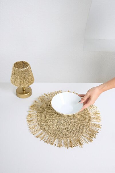 Maison Avf Antique Gold Fringed Knitted Doily / Placemat