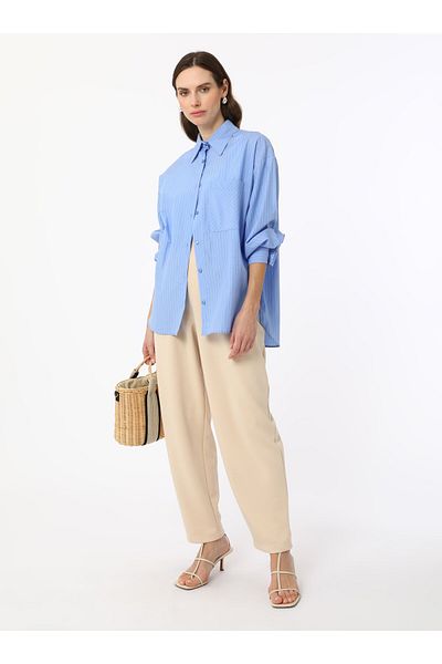 Refka Soft Textured High Waist Trousers with Pleat Detail on the Front - Stone Color -
