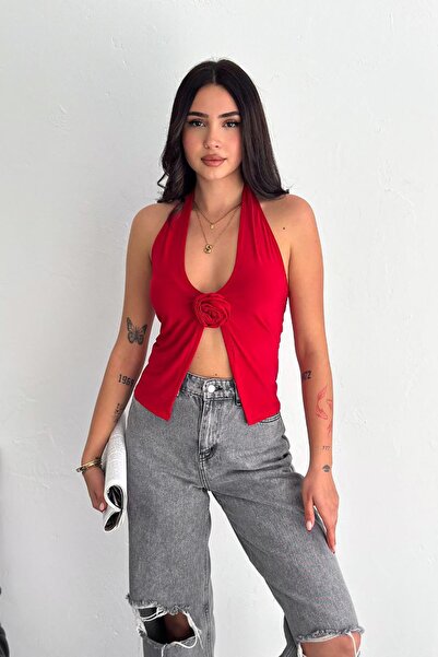 Deafox Sandy Fabric Blouse with Red Rose Brooch and Neck Strap