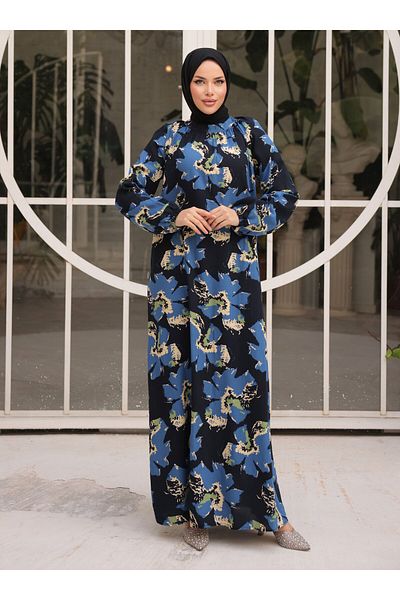 SAHRA BUTİK ΦΟΡΕΜΑ ΜΕ ΚΟΡΔΟΝΙ ΛΑΙΜΟΥ - Navy Blue - SAHRA BUTIK