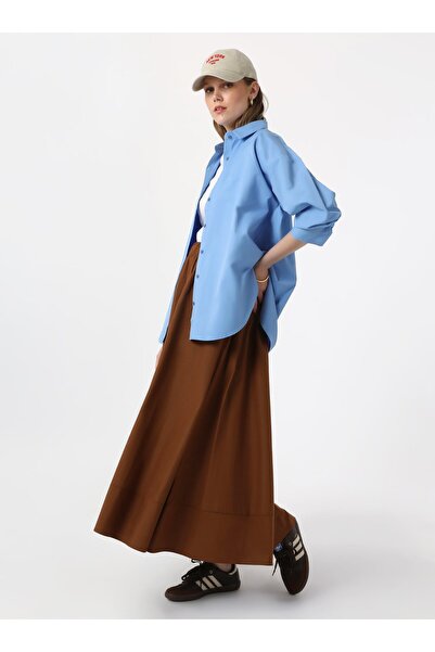 Benin Brown Benin Poplin Fabric Wide Fit Skirt with Elastic Waist