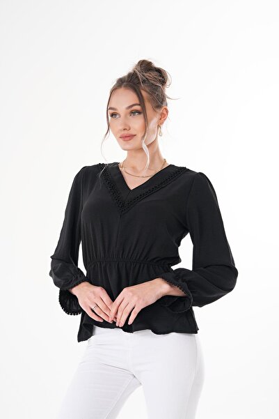 ŞİMAL Women's V-Neck Lace Detailed Blouse with Elasticized Sleeves and Waist 250196 -