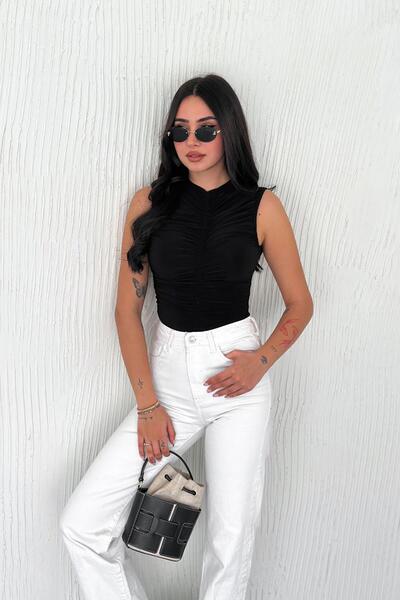 Deafox Black Zero Sleeve Draped Sandy Fabric Blouse