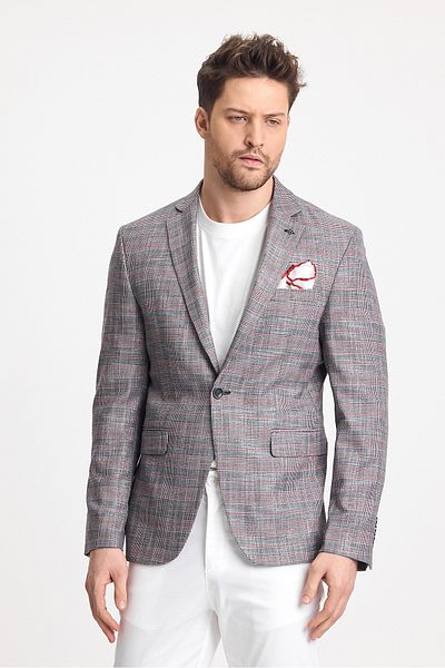 Frappoli Gasparov Ανδρικό Γκρι - Claret Red καρό Slim Fit Mono Blazer παλτό