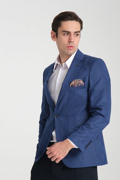 Frappoli Ανδρικό μπλέ διαγώνιο σουέτ Adelfo Slim Fit Mono Collar Sports Blazer Jacket