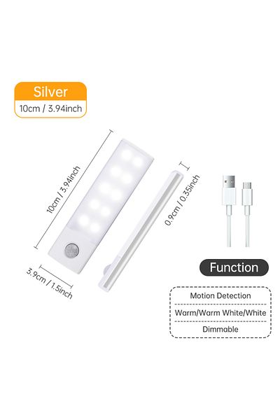 Pzsunly Silver 10CM 3color in one Lamp Motion Sensor Light Wireless LED Night Light USB Rechargeable Night L