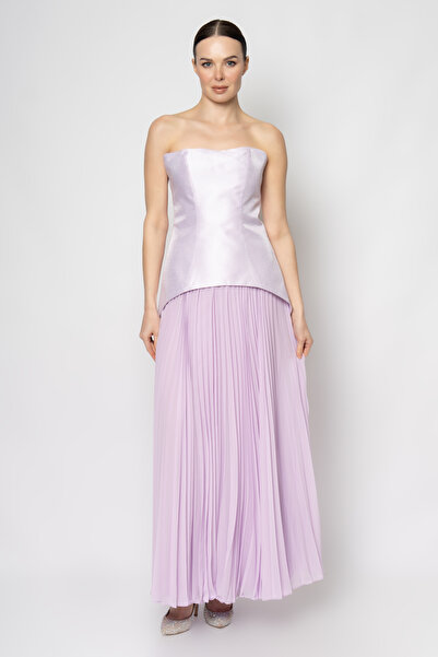 RENGIN Üstü korsajlı altı pileli şifon straplez abiye elbise