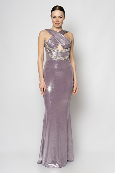 RENGIN Göğsü çapraz bantlı göğüs altı taşlı abiye elbise