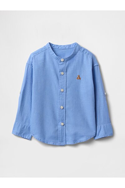 GAP Erkek Bebek Mavi Brannan Bear İşlemeli Keten Karışımlı Gömlek
