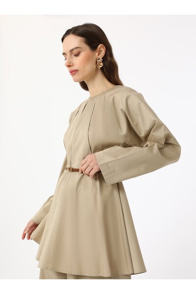 Refka Belt Detailed Double Poplin Suit - Mink - Exclusive