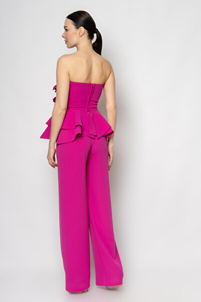 RENGIN Yakası saten bantlı beli çiçekli üst krep pantolon ikili abiye takım