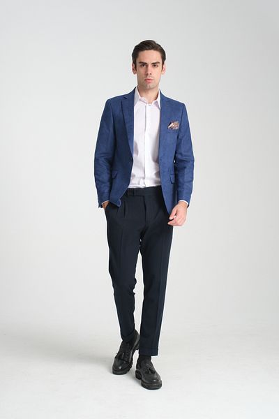 Frappoli Ανδρικό μπλέ διαγώνιο σουέτ Adelfo Slim Fit Mono Collar Sports Blazer Jacket