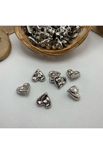 Bukle İplik Embossed Heart Model Silver Look Bottom Sewing Plastic Metalized Button 34" - (6 Pieces)