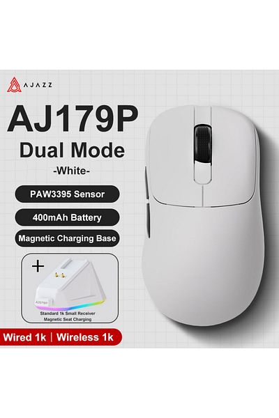 Ajazz Aj179p-white Aj179 Pro Paw3395 Lightweight Wired Wireless Mouse With Magnetic Charging Base Er