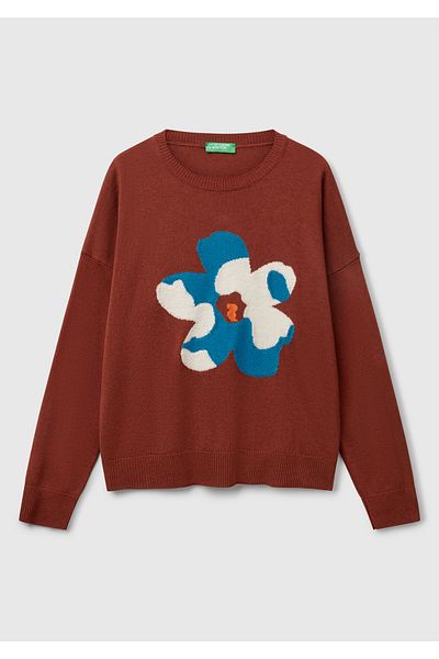 United Colors of Benetton Women's Brown Viscose Blended Floral Patterned Sweater