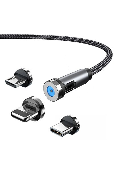 Choice كابل بيانات مغناطيسي دوار 3 في 1 أسود بطول 1 متر، 540 درجة، شحن سريع 3 في 1 للهواتف المحمولة