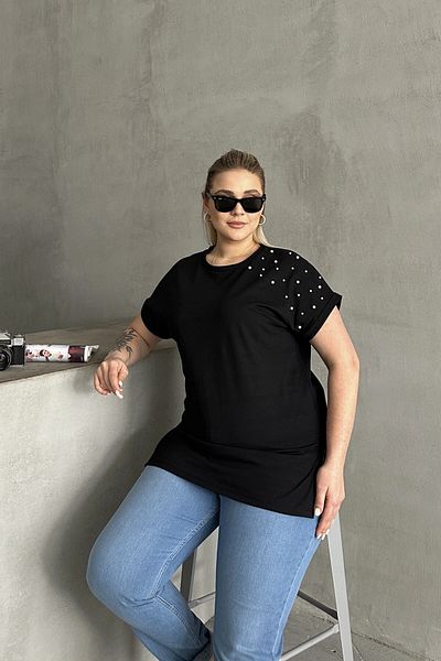 uniq store Large Size Short Sleeve Crew Neck Side Slits Beaded Basic T-Shirt Rft-03