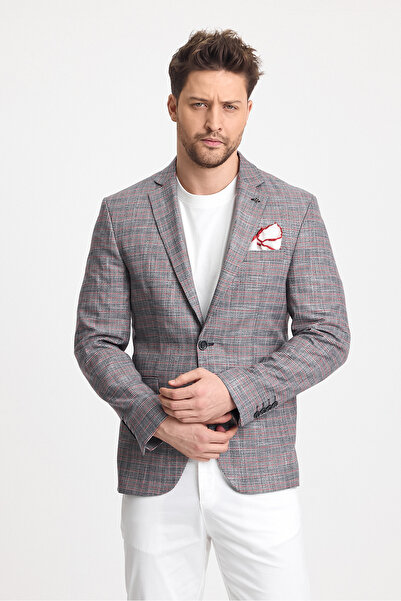 Frappoli Gasparov Erkek Gri - Bordo Ekoseli  Slim Fit Mono Yaka Blazer Ceket