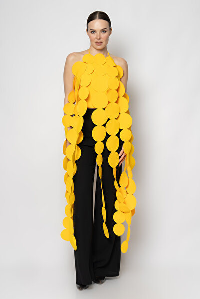 RENGIN Üstü daire şeritten saçaklı krep pantolon abiye takım