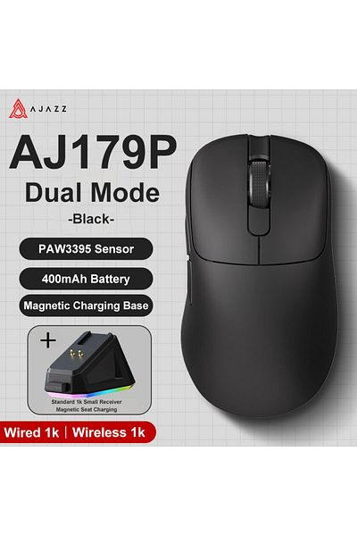 Ajazz ماوس لاسلكي سلكي خفيف الوزن Aj179 Pro Paw3395 مع قاعدة شحن مغناطيسية Er