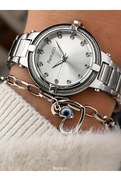 Ferrucci New Collection, Kesme Cam, Çelik Kordon, Gümüş Renk, Kol Saati Bileklik