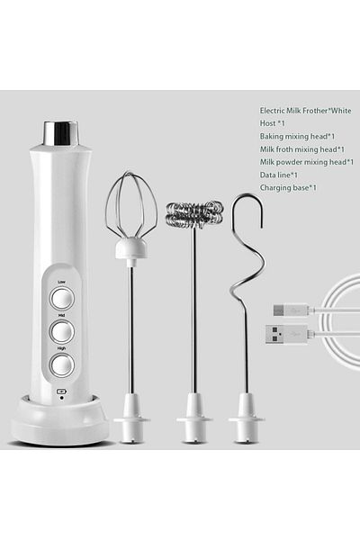 Choice WHITE Wireless Rechargeable Electric Milk Frother - 3 Speeds, Handheld Foam Maker for Latte, Cappucc