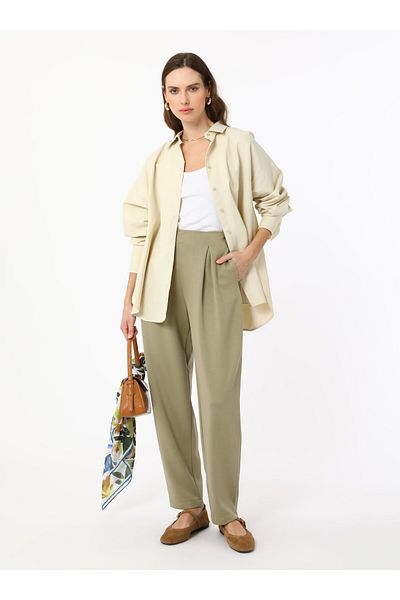 Refka Soft Textured High Waist Trousers with Pleat Detail on the Front - Green -