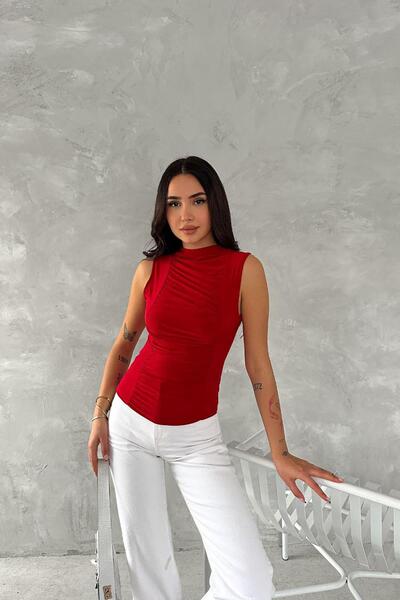 Deafox Red Zero Sleeve Sandy Fabric Blouse