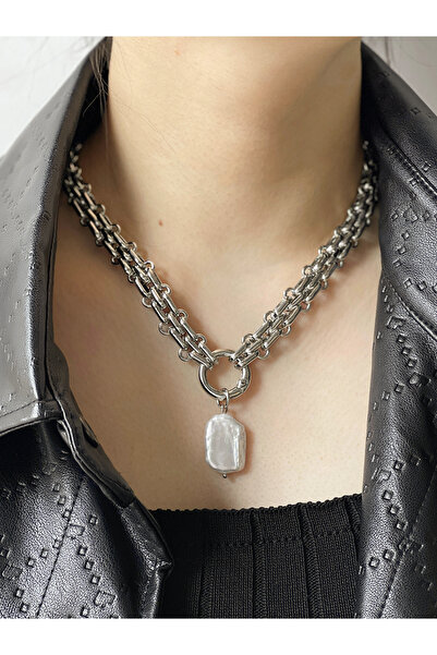 Choice قلادة فضية كبيرة مربعة الشكل من اللؤلؤ الطبيعي للمياه العذبة من Peri'sBox بسلسلة سميكة للنساء من Vinta