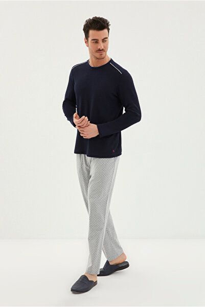 Kiğılı Bisiklet Yaka 3'lü Triko Roblu Waffle Desenli Pamuk Pijama Takımı