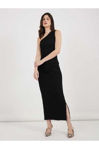 Styli Textured Knit Bodycon Maxi Skirt with Gathered Detail