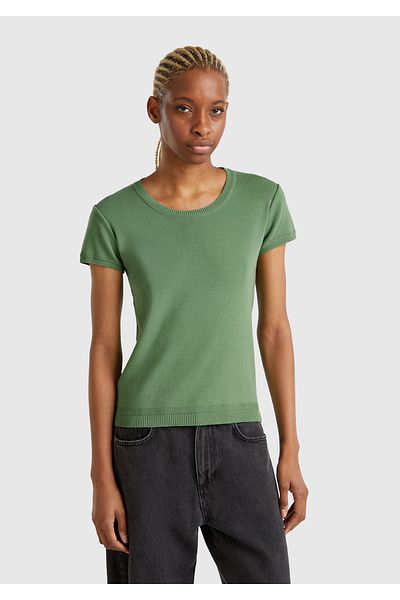 United Colors of Benetton Women's Light Green 100% Cotton Crew Neck Short Sleeve Sweater