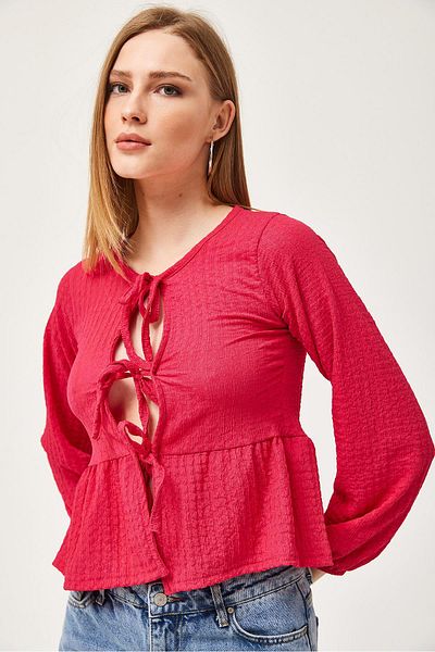 CALİENTE Lace-Up Detailed Stretchy Knitted Blouse Fuchsia