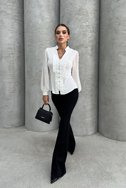 RB CLUB Γυναικείο Judge Collar Ruffle Λεπτομερής άμμος μπλούζα