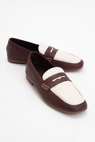 LuviShoes SKYE Burgunder-weiße Damen-Loafer-Schuhe aus echtem Leder mit stumpfer Zehenpartie