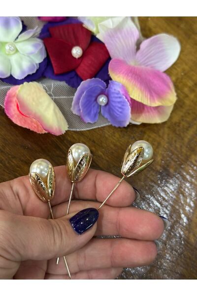 Gönülden Tasarım 3 LÜ İNCİLİ ÇİÇEK İĞNE BROŞ YAKA TÜRBAN GİYİM AKSESUARI 10X1 CM