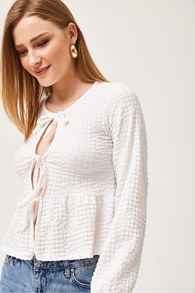 CALİENTE Lace-Up Detailed Stretchy Knitted Blouse White
