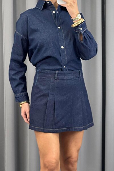 Serica Moda Lacivert Pileli Yandan Fermuarlı Denim Kot Şort