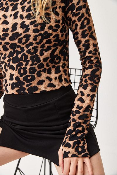 CALİENTE Bluză tricotată elastică Leopard cu detaliu de degete