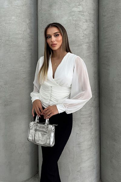 RB CLUB Women's Stone Embroidery Detailed Double Breasted Collar Blouse