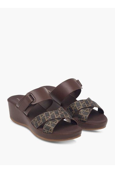 Paprika Monogram Print Slip-On Cross-Strap Sandals with Wedge Heel
