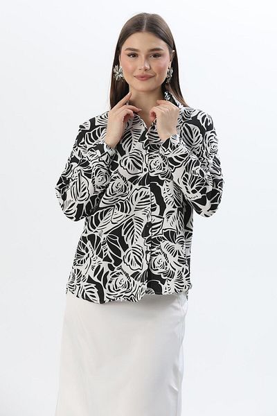 CALİENTE Cămașă casual din in cu model Negru