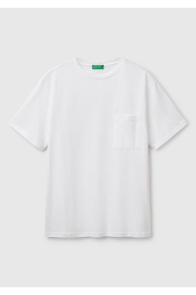 United Colors of Benetton Мъжка бяла тениска с джобове и нашийници, 100% памук